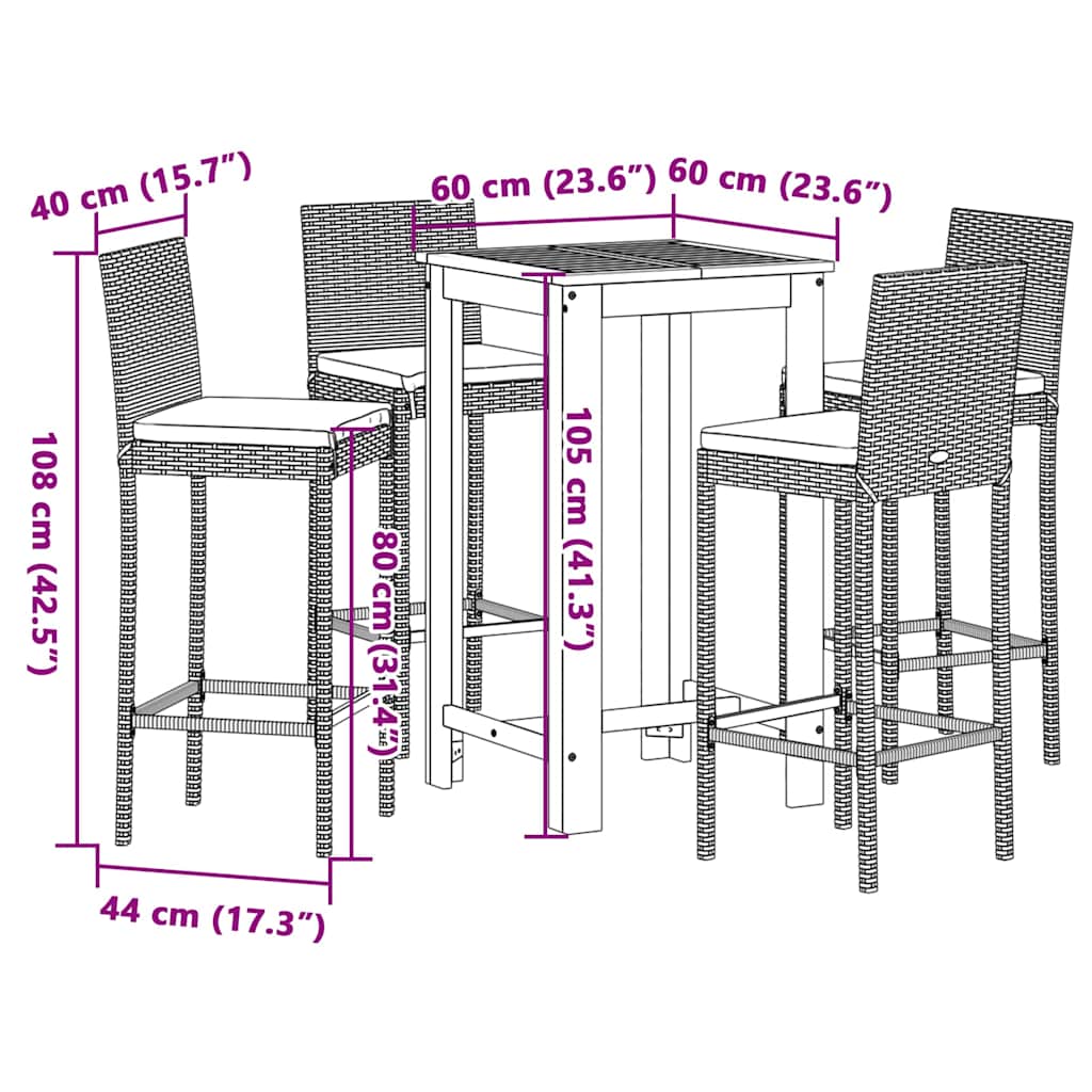 5 Piece Patio Bar Set Black Solid Wood Acacia and Poly Rattan