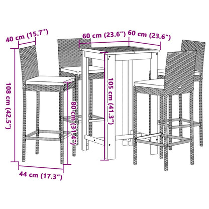 5 Piece Patio Bar Set Black Solid Wood Acacia and Poly Rattan
