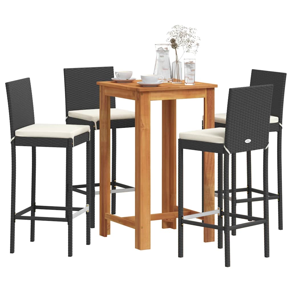 5 Piece Patio Bar Set Black Solid Wood Acacia and Poly Rattan