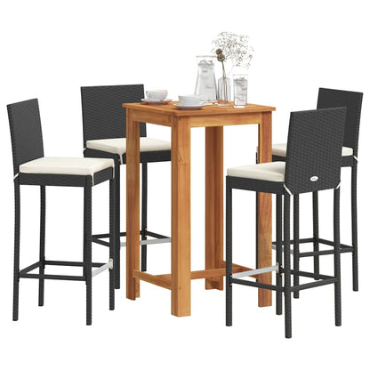 5 Piece Patio Bar Set Black Solid Wood Acacia and Poly Rattan