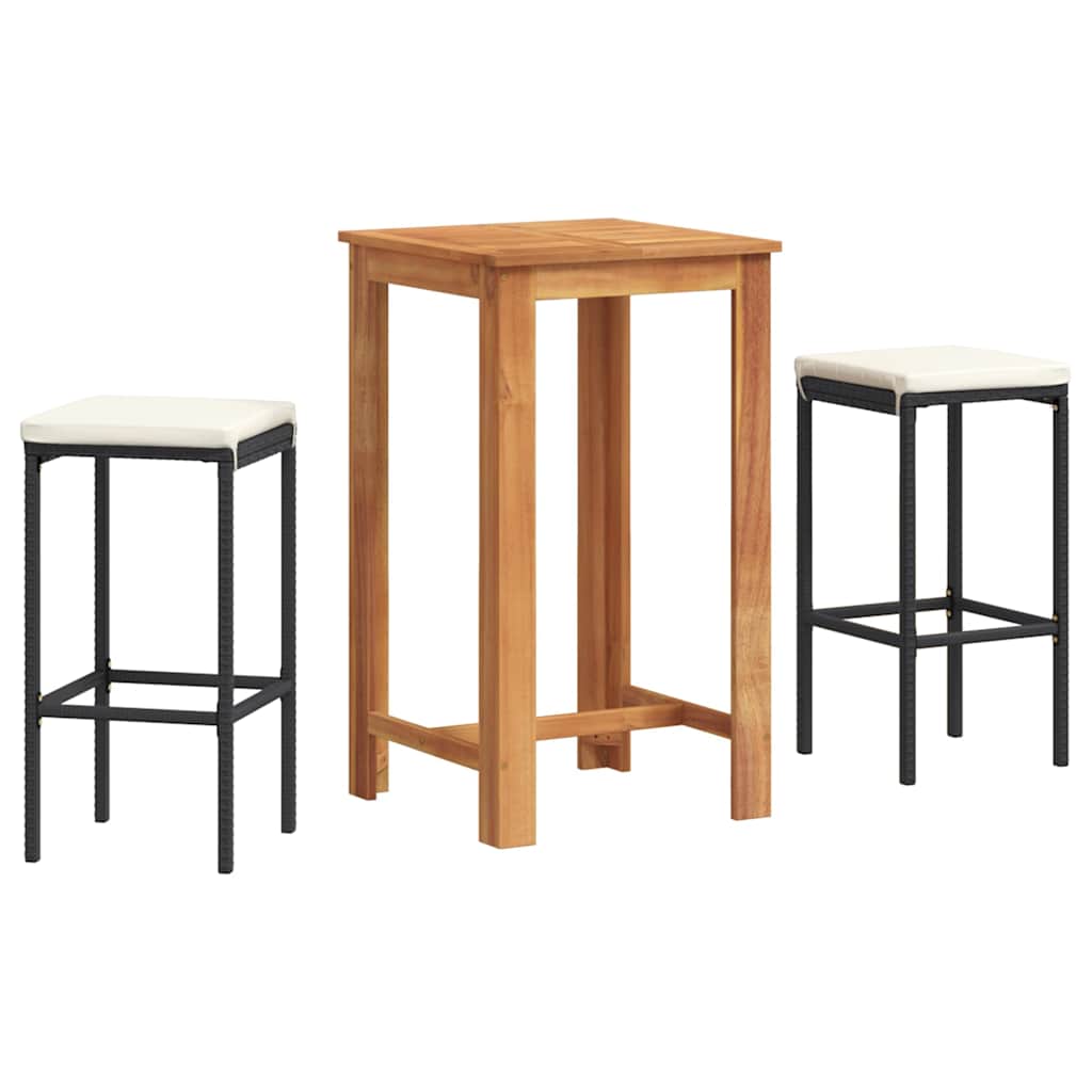 3 Piece Patio Bar Set Black Solid Wood Acacia and Poly Rattan