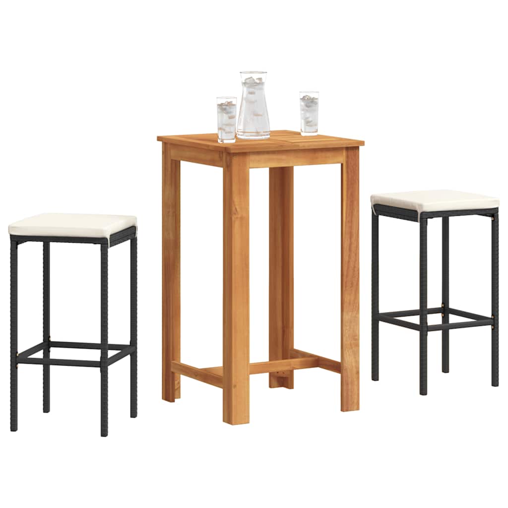 3 Piece Patio Bar Set Black Solid Wood Acacia and Poly Rattan