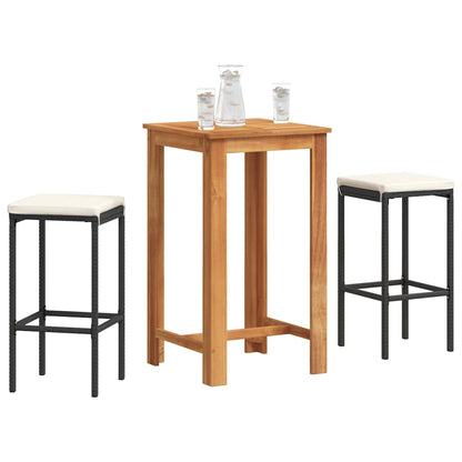3 Piece Patio Bar Set Black Solid Wood Acacia and Poly Rattan