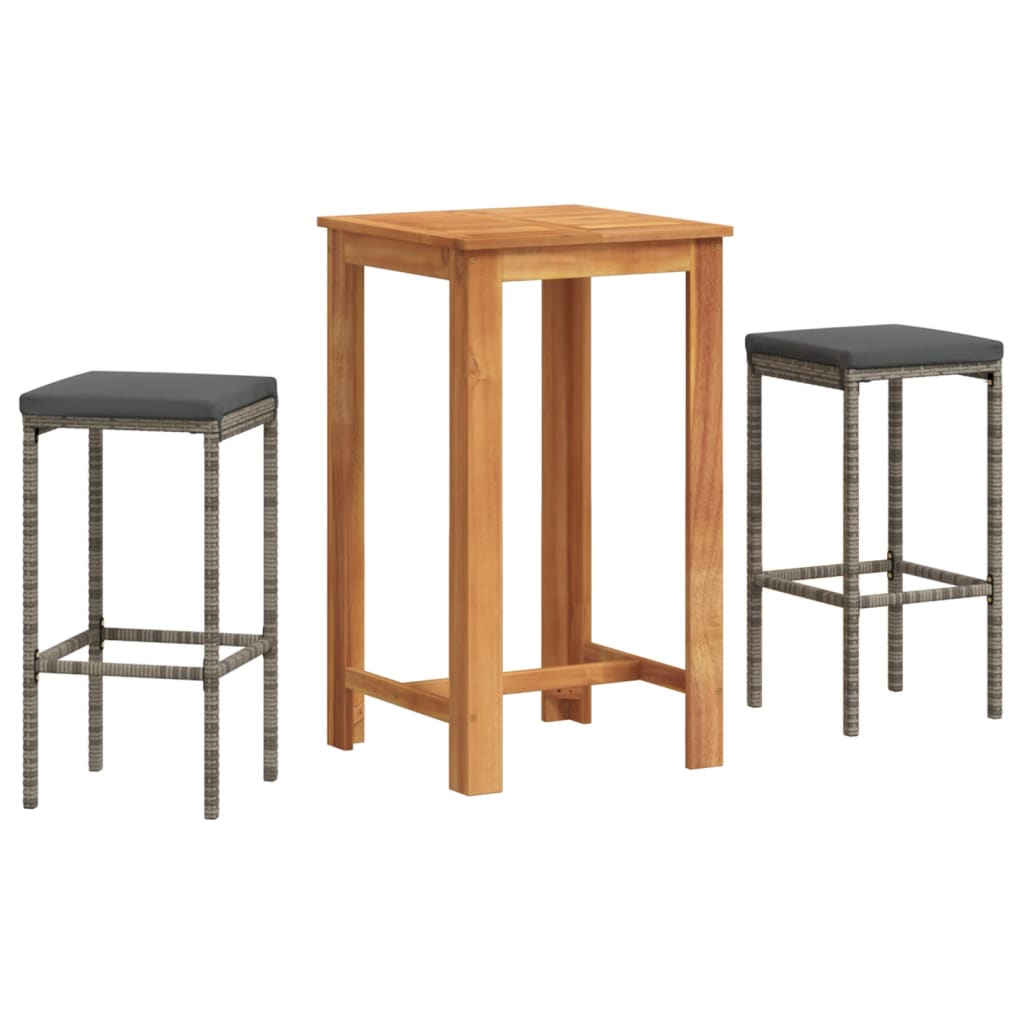 3 Piece Patio Bar Set Gray Solid Wood Acacia and Poly Rattan