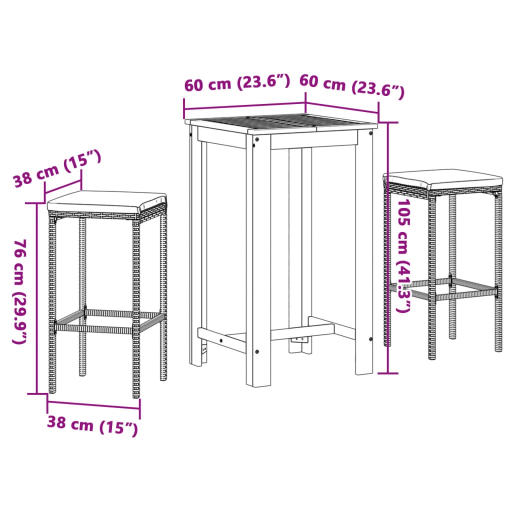 3 Piece Patio Bar Set Gray Solid Wood Acacia and Poly Rattan