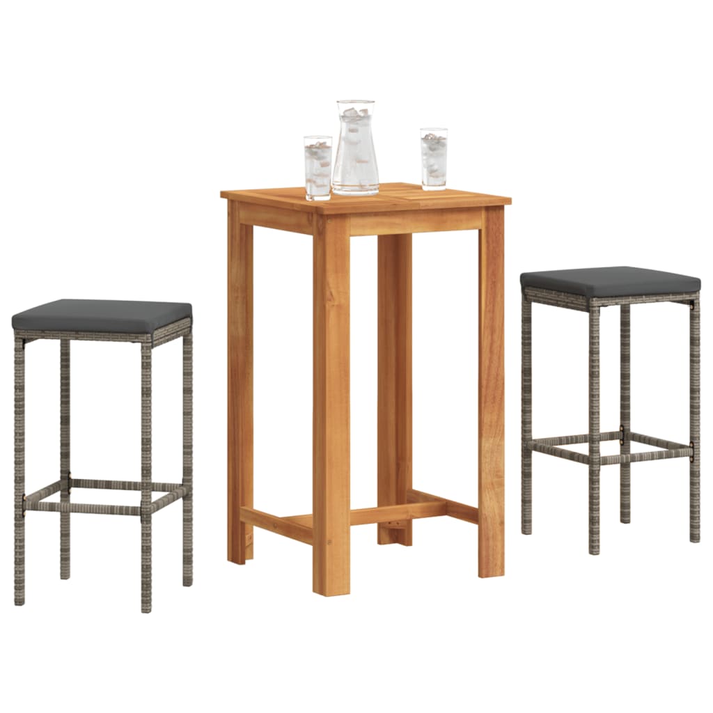 3 Piece Patio Bar Set Gray Solid Wood Acacia and Poly Rattan