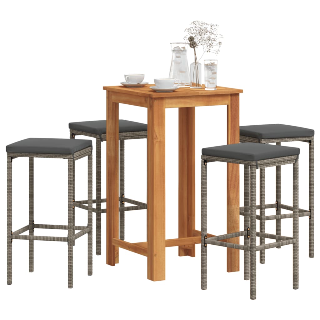 5 Piece Patio Bar Set Gray Solid Wood Acacia and Poly Rattan