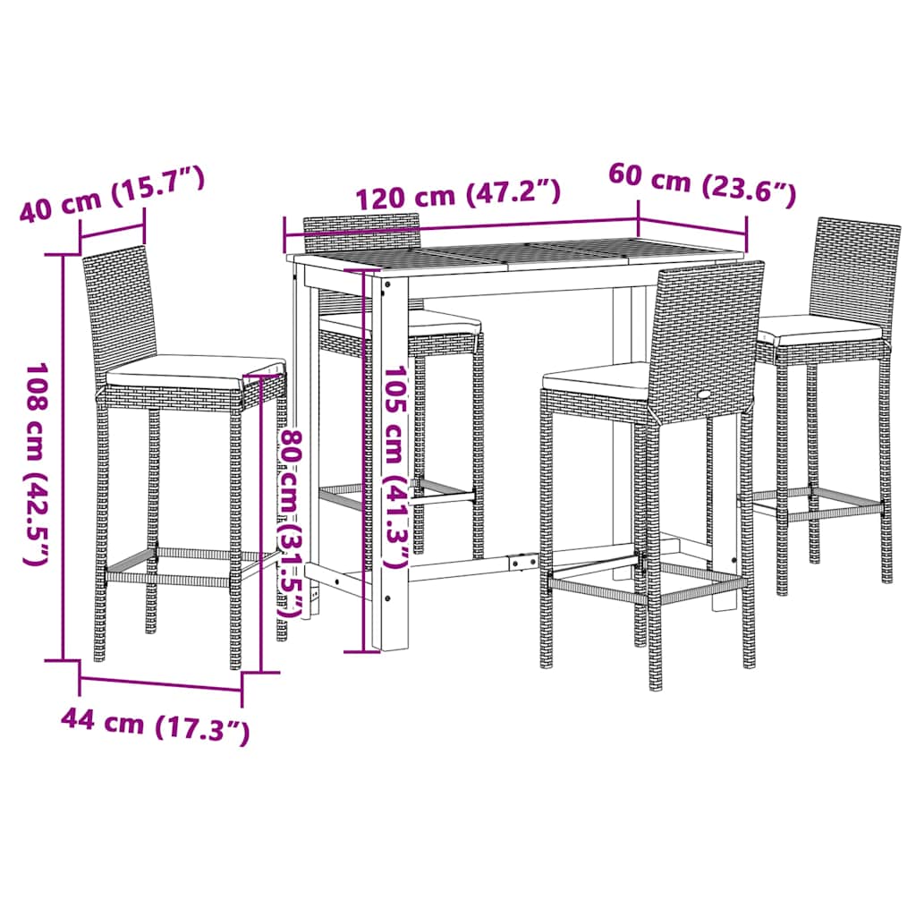 5 Piece Patio Bar Set Black Solid Wood Acacia and Poly Rattan