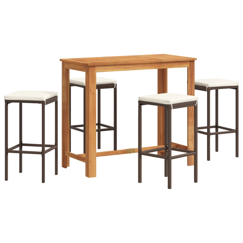 5 Piece Patio Bar Set Brown Solid Wood Acacia and Poly Rattan