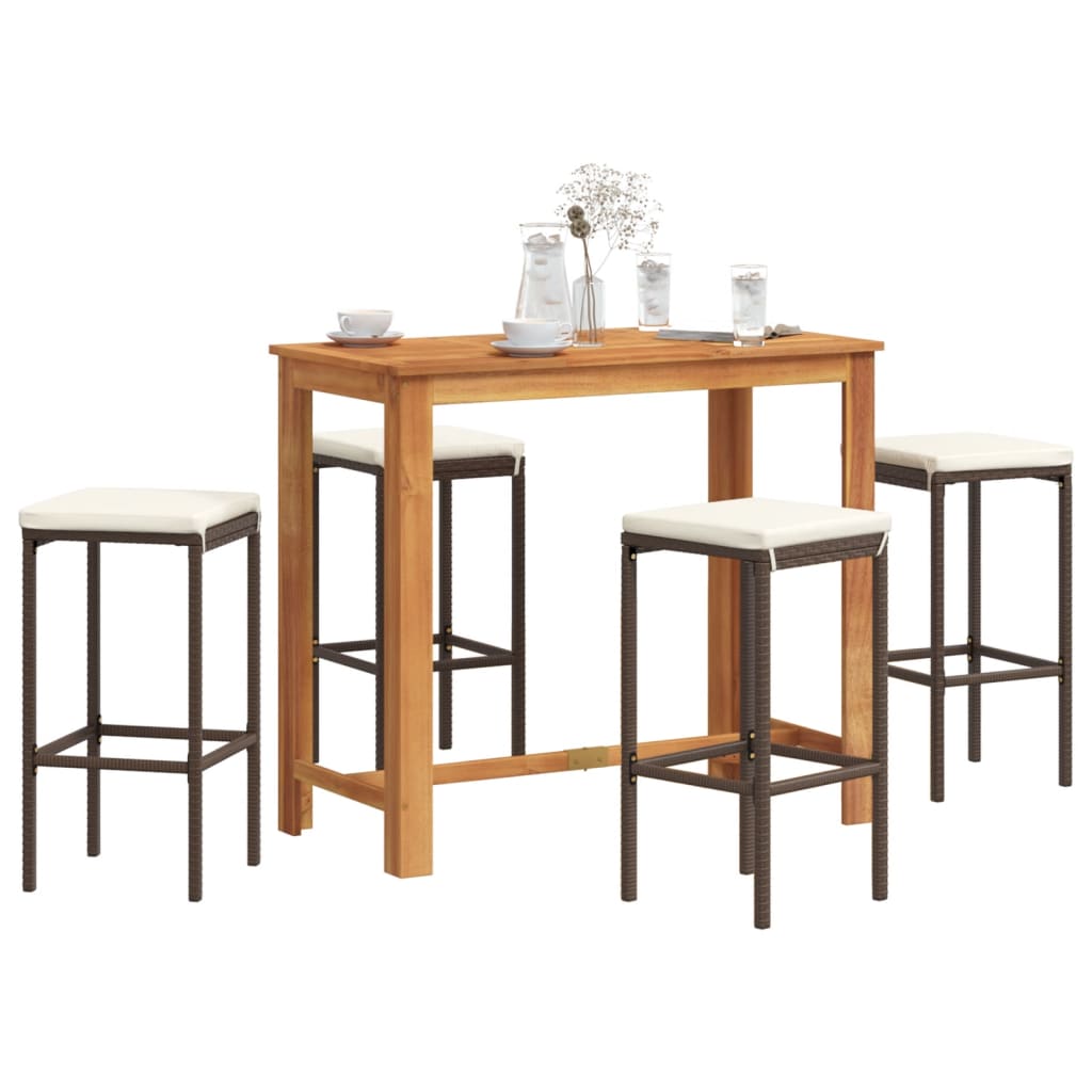 5 Piece Patio Bar Set Brown Solid Wood Acacia and Poly Rattan