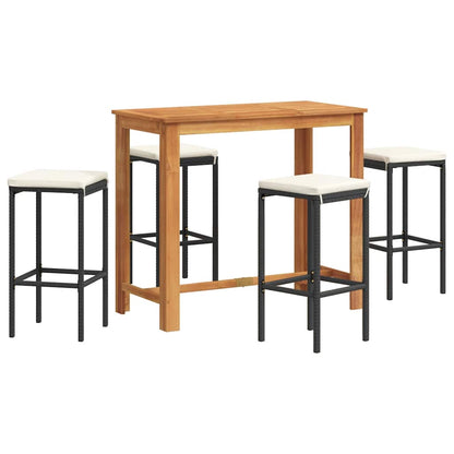 5 Piece Patio Bar Set Black Solid Wood Acacia and Poly Rattan