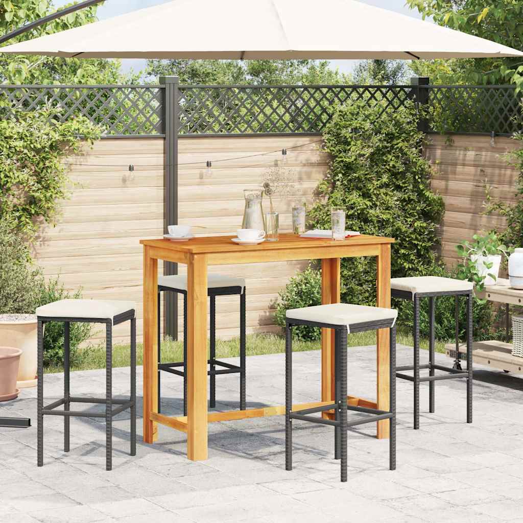 5 Piece Patio Bar Set Black Solid Wood Acacia and Poly Rattan