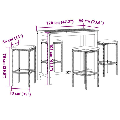5 Piece Patio Bar Set Black Solid Wood Acacia and Poly Rattan