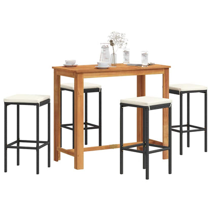5 Piece Patio Bar Set Black Solid Wood Acacia and Poly Rattan