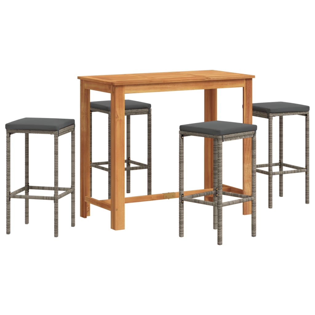 5 Piece Patio Bar Set Gray Solid Wood Acacia and Poly Rattan