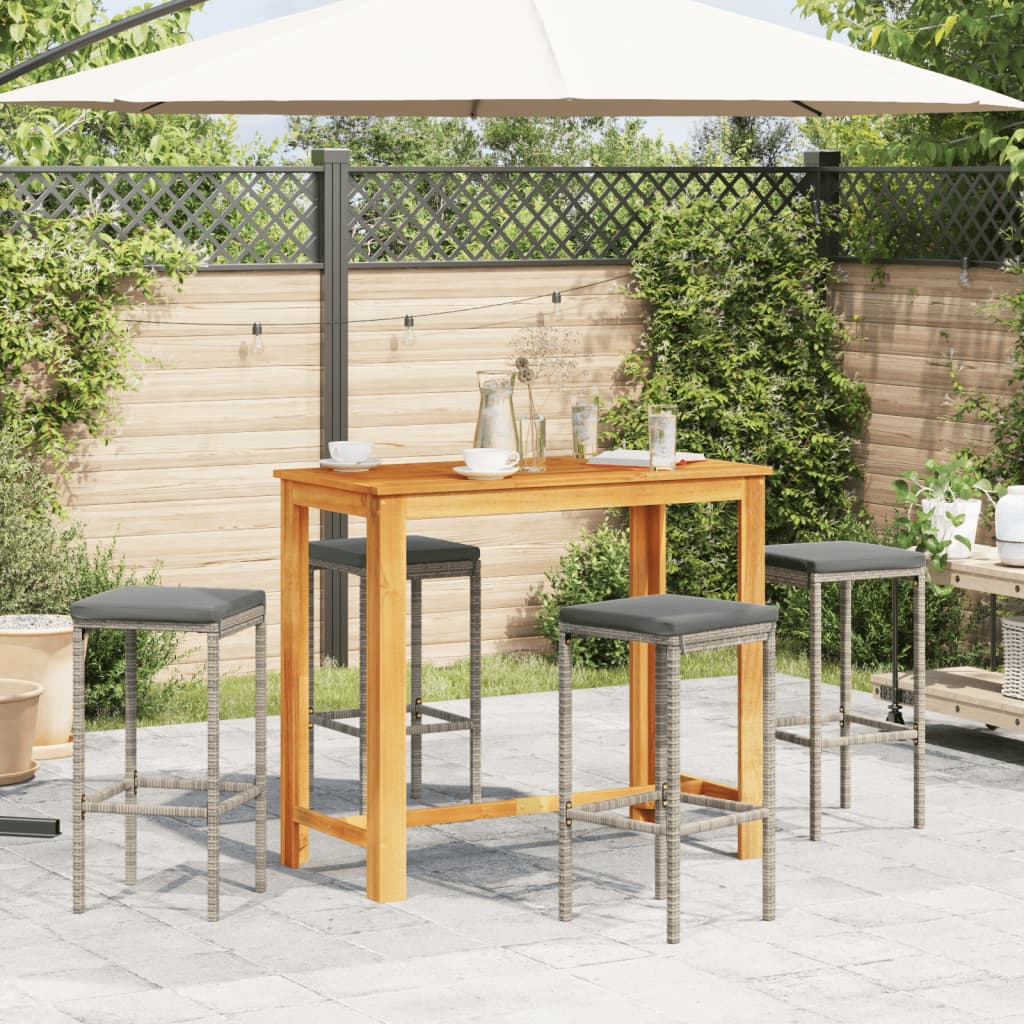 5 Piece Patio Bar Set Gray Solid Wood Acacia and Poly Rattan