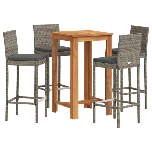 5 Piece Garden Bar Set Grey Solid Wood Acacia and Poly Rattan