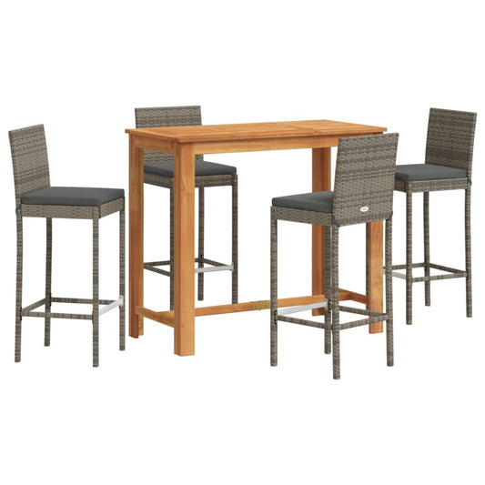 5 Piece Garden Bar Set Grey Solid Wood Acacia and Poly Rattan