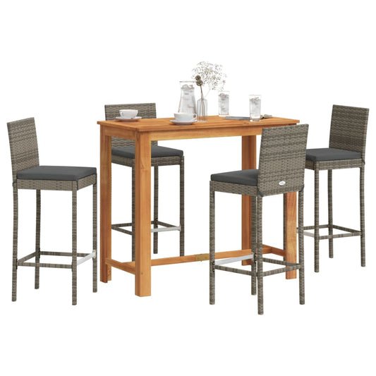 5 Piece Garden Bar Set Grey Solid Wood Acacia and Poly Rattan