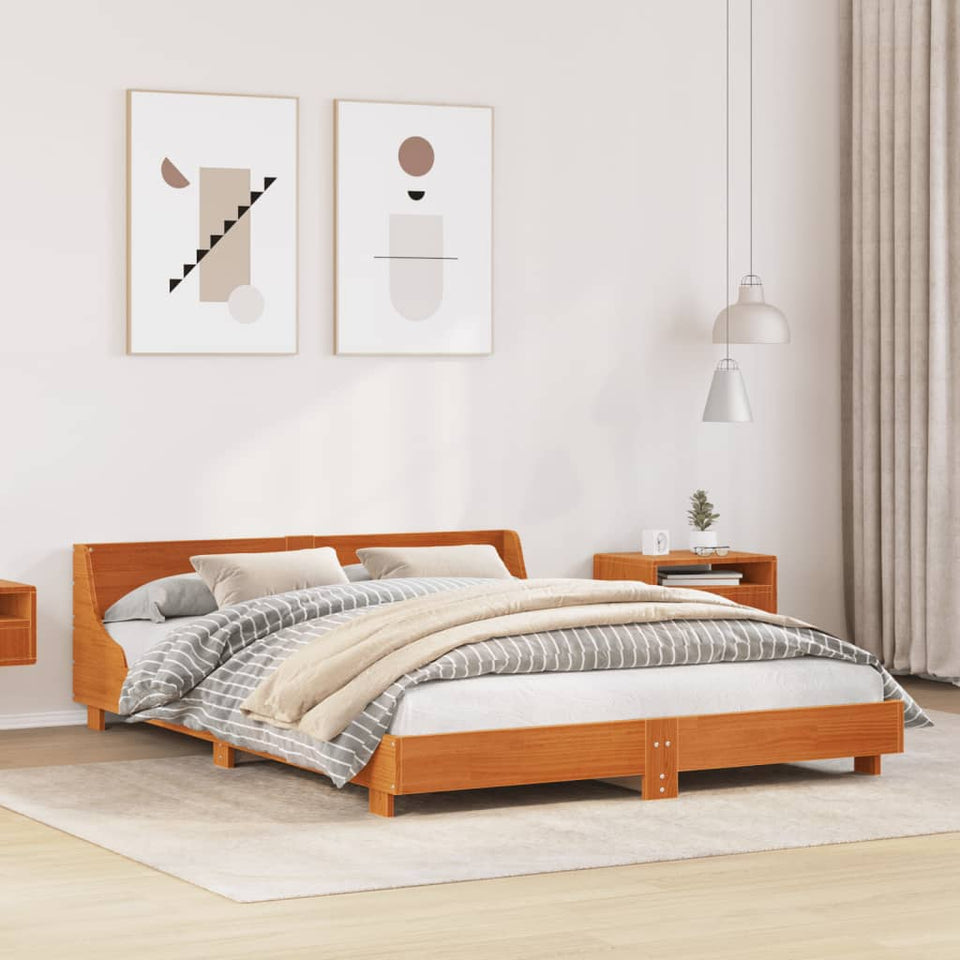 Bed Frame with Headboard Wax Brown 135x190 cm Double Solid Wood Pine