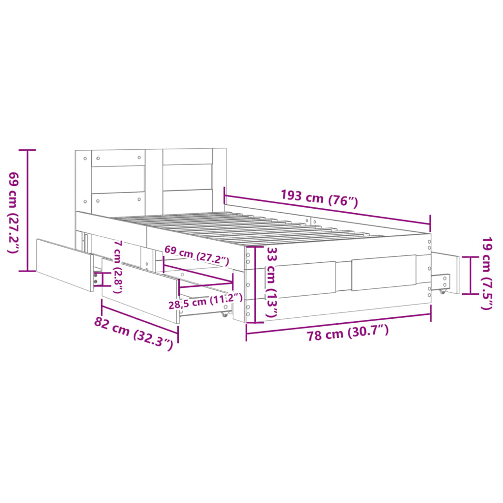 Bed Frame with Headboard without Mattress Grey Sonoma 75x190 cm Small Single
