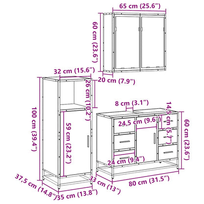 3 Piece Bathroom Furniture Set Brown Oak Engineered Wood