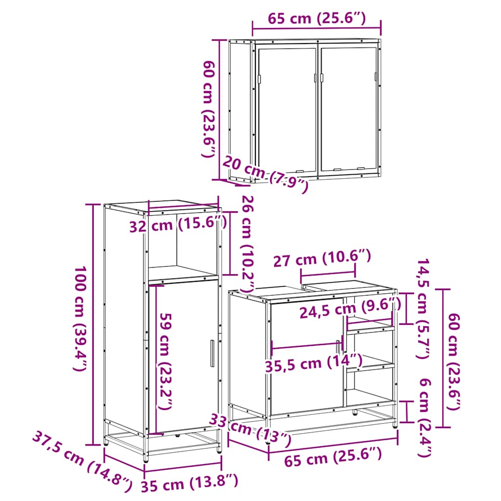 3 Piece Bathroom Furniture Set Sonoma Oak Engineered Wood