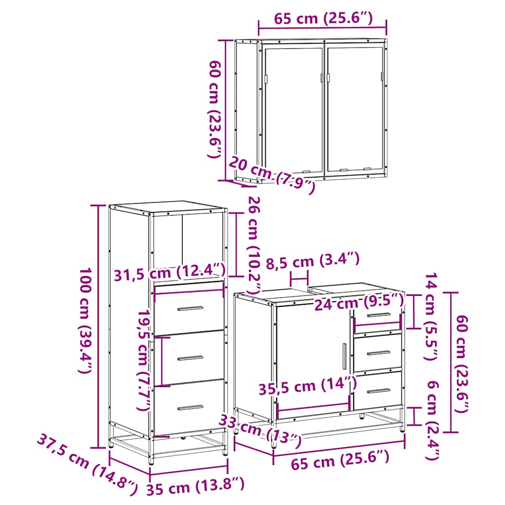 3 Piece Bathroom Furniture Set Brown Oak Engineered Wood