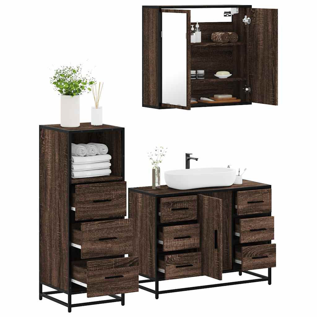 3 Piece Bathroom Furniture Set Brown Oak Engineered Wood