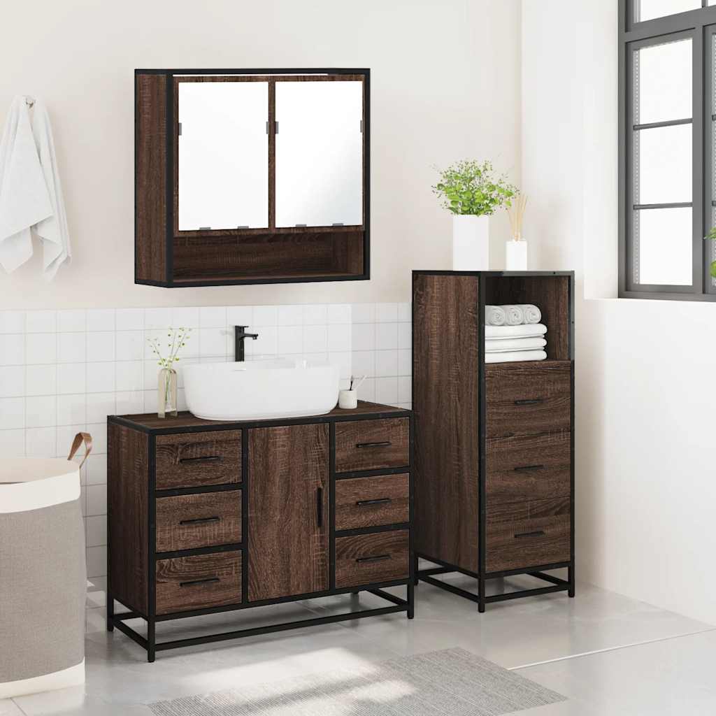 3 Piece Bathroom Furniture Set Brown Oak Engineered Wood