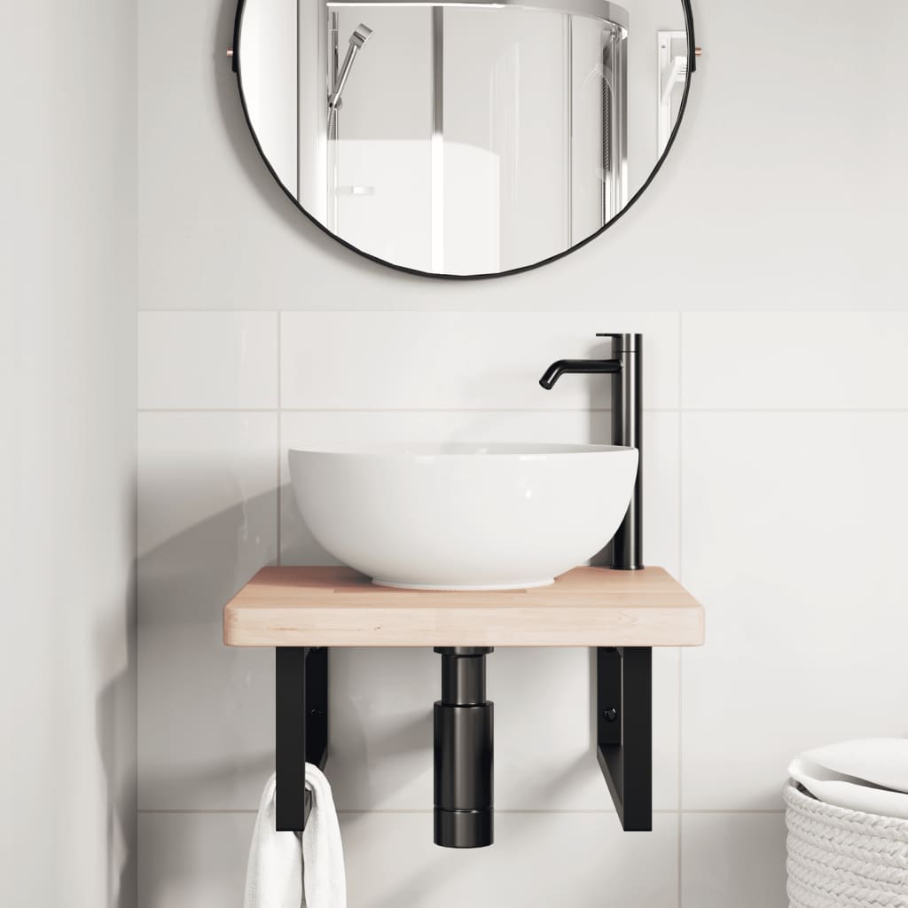Basin Shelf Wall Mounted Steel and Solid Wood Oak