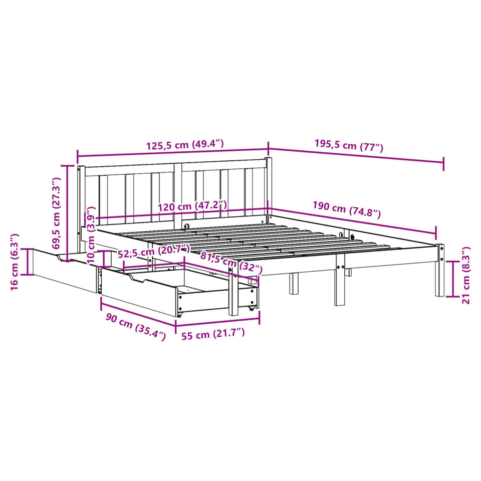 Bed Frame with Drawers Wax Brown 120x190 cm Small Double Solid Wood Pine