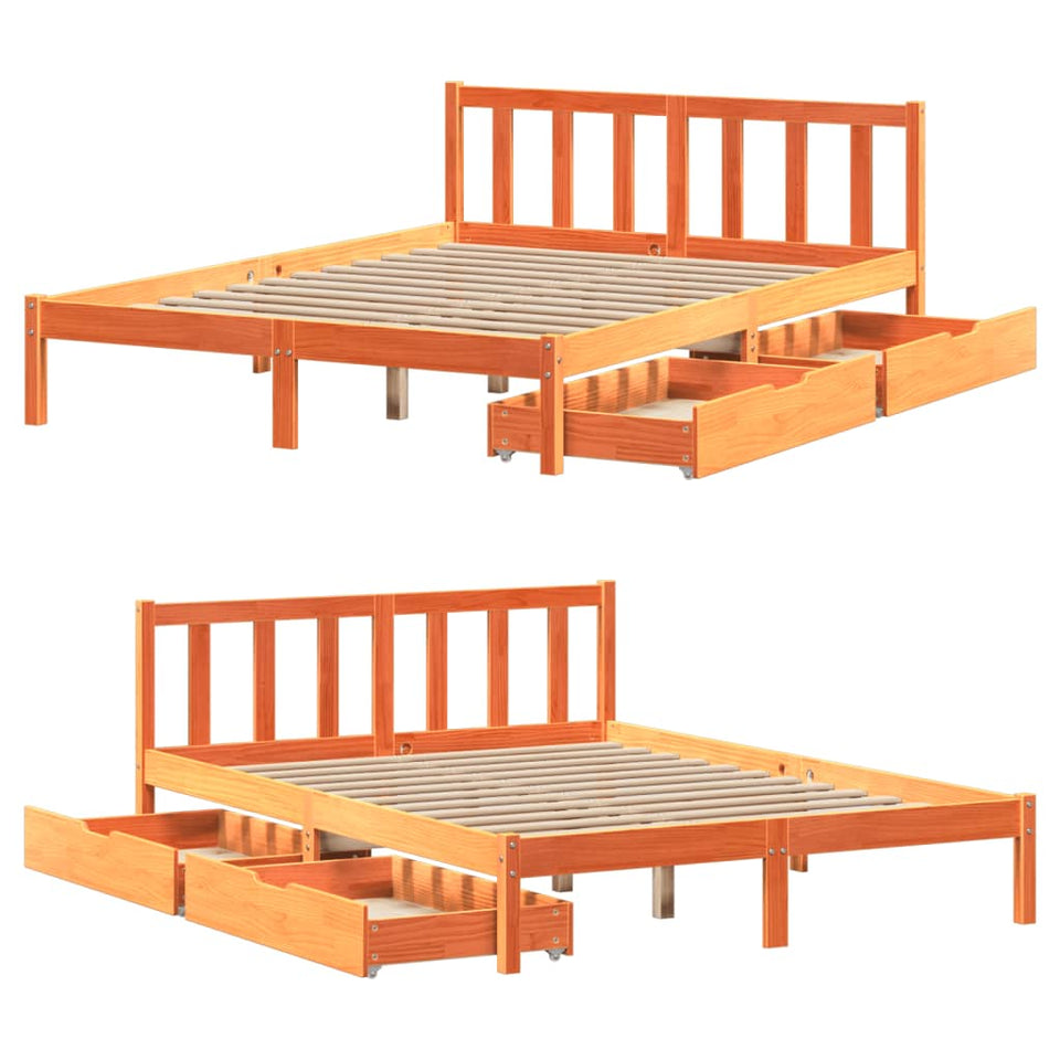 Bed Frame with Drawers Wax Brown 135x190 cm Double Solid Wood Pine