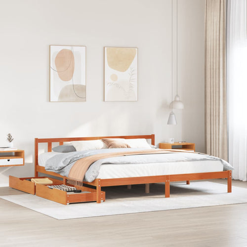 Bed Frame with Drawers Wax Brown 200x200 cm Solid Wood Pine