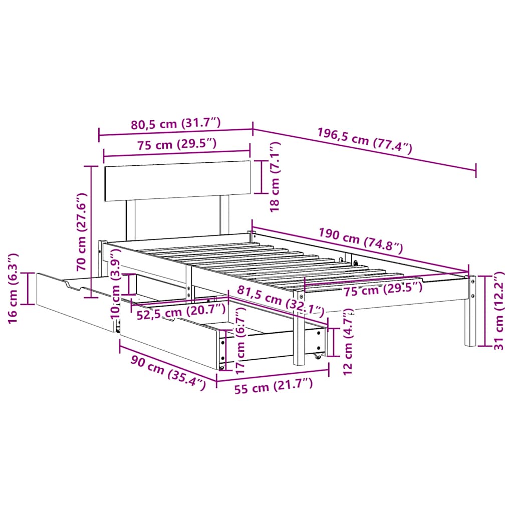 Bed Frame without Mattress White 75x190 cm Small Single Solid Wood Pine