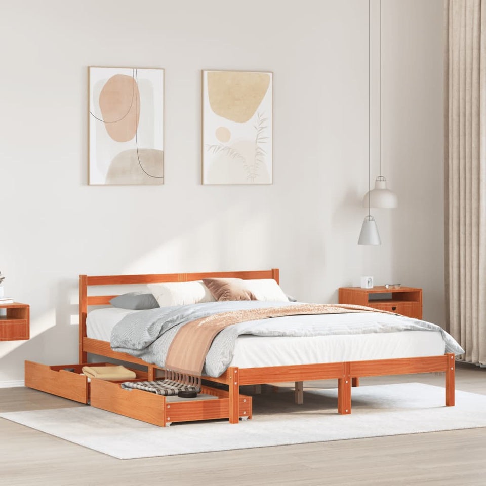 Bed Frame with Drawers Wax Brown 135x190 cm Double Solid Wood Pine