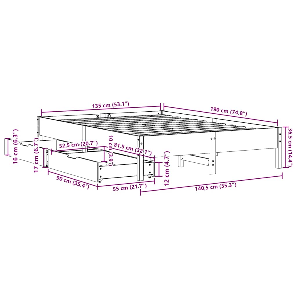 Bed Frame without Mattress Wax Brown 135x190 cm Double Solid Wood Pine