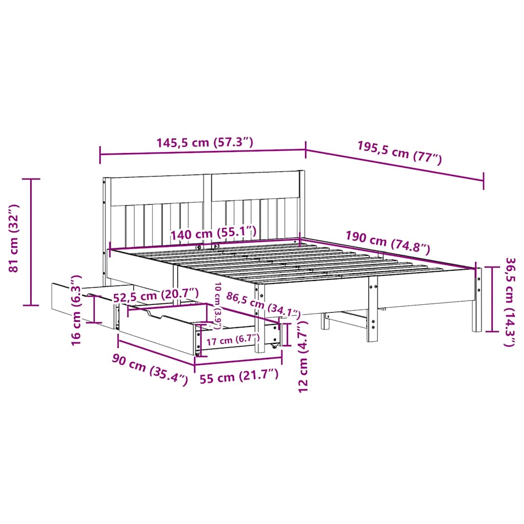 Bed Frame without Mattress Wax Brown 140x190 cm Solid Wood Pine