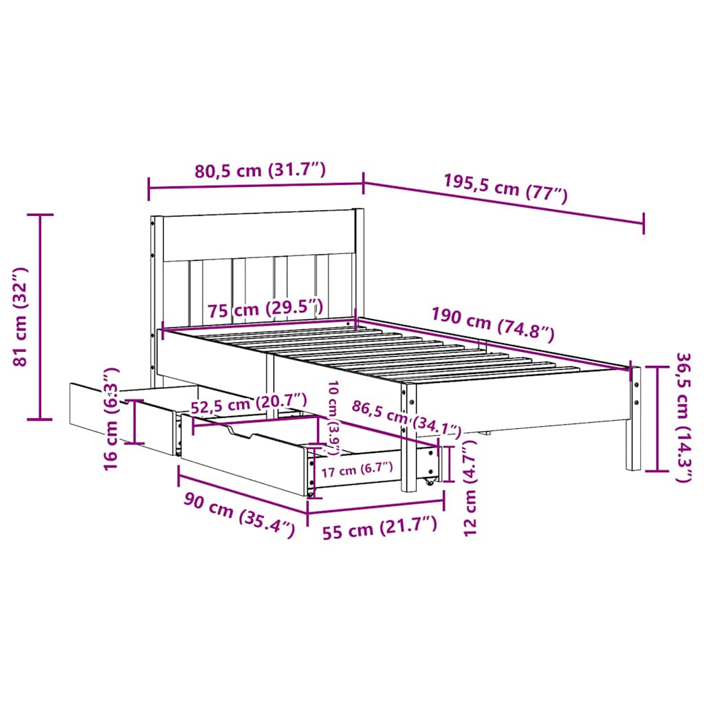 Bed Frame without Mattress 75x190 cm Small Single Solid Wood Pine