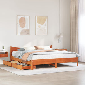 Bed Frame with Drawers Wax Brown 200x200 cm Solid Wood Pine