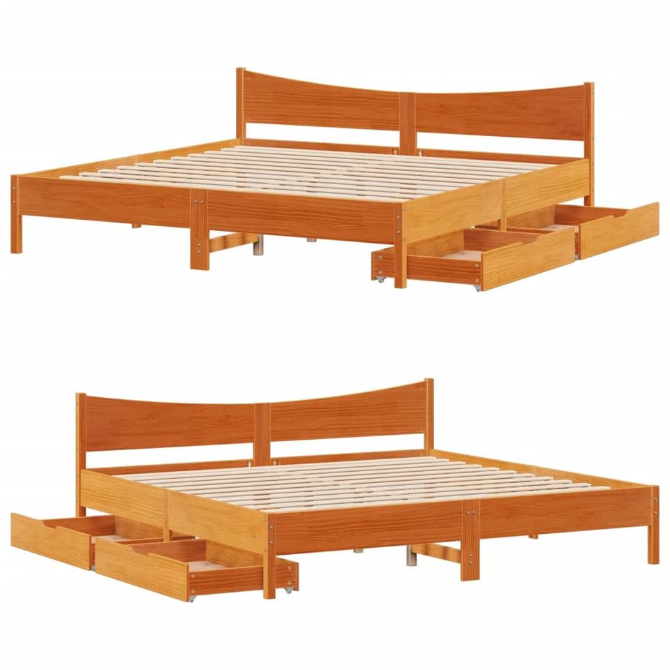 Bed Frame with Drawers Wax Brown 200x200 cm Solid Wood Pine