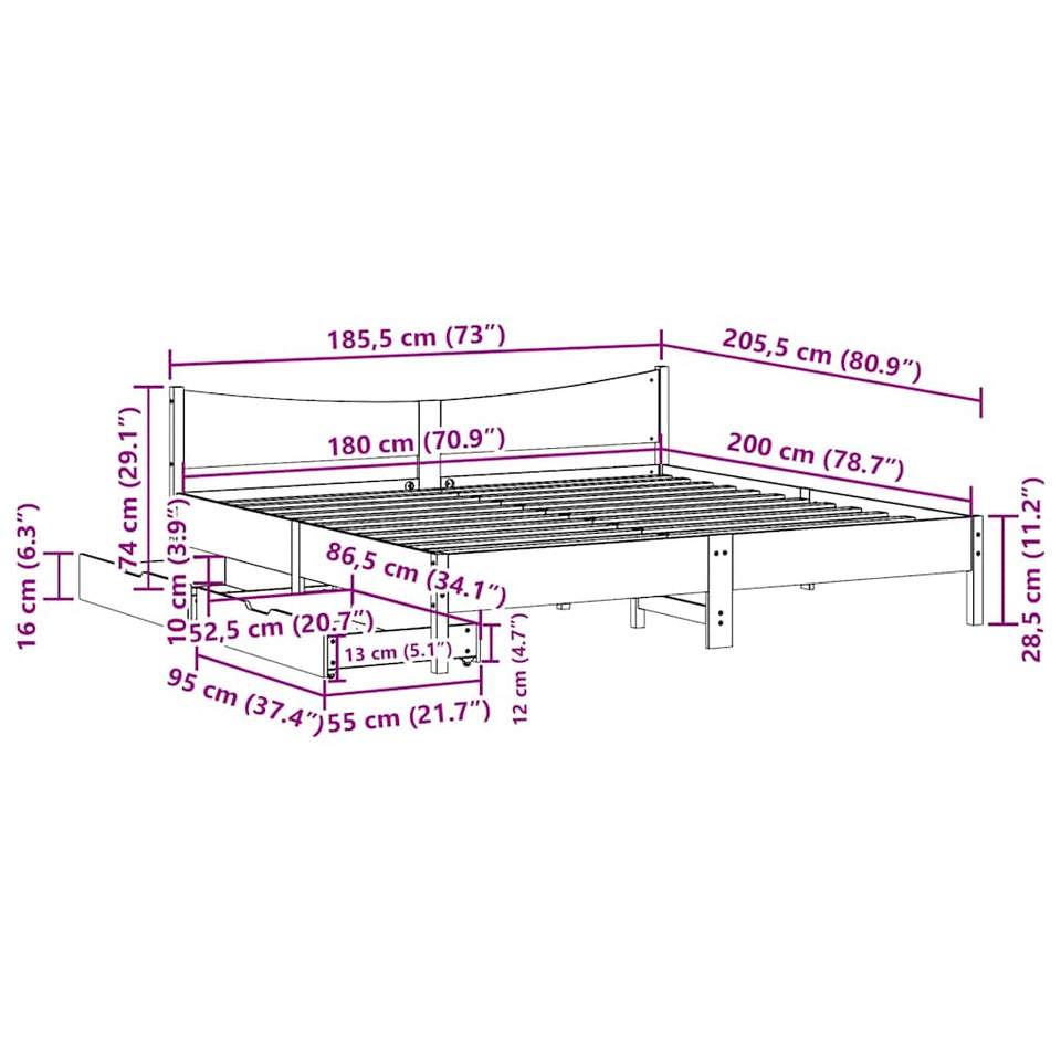 Bed Frame with Drawers Wax Brown 180x200 cm Super King Solid Wood Pine