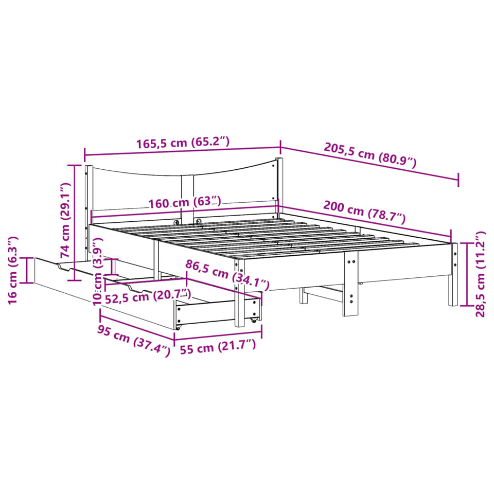 Bed Frame with Drawers Wax Brown 160x200 cm Solid Wood Pine