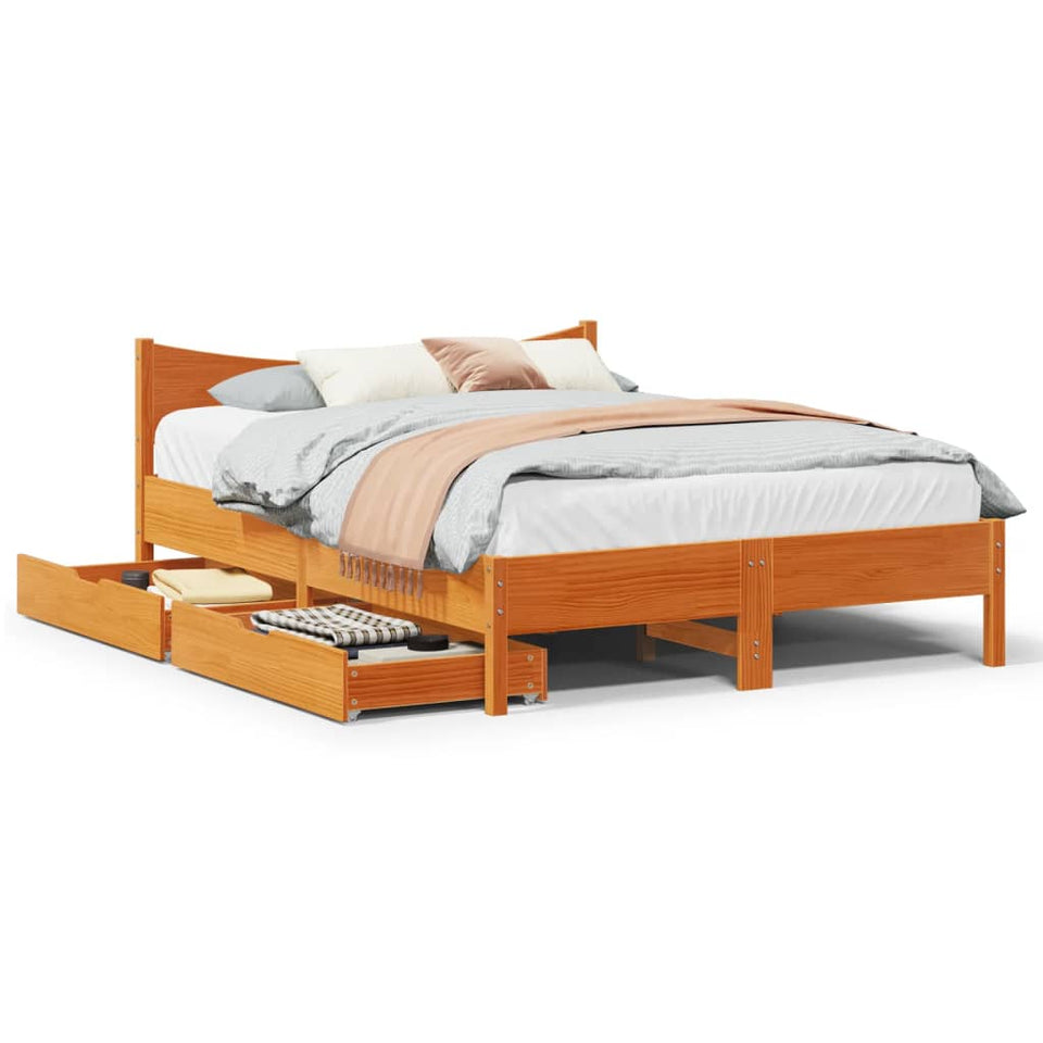 Bed Frame with Drawers Wax Brown 160x200 cm Solid Wood Pine