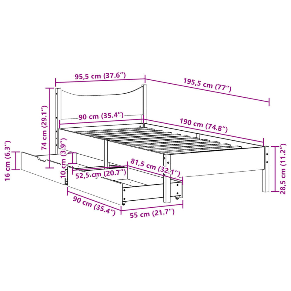 Bed Frame with Drawers Wax Brown 90x190 cm Single Solid Wood Pine