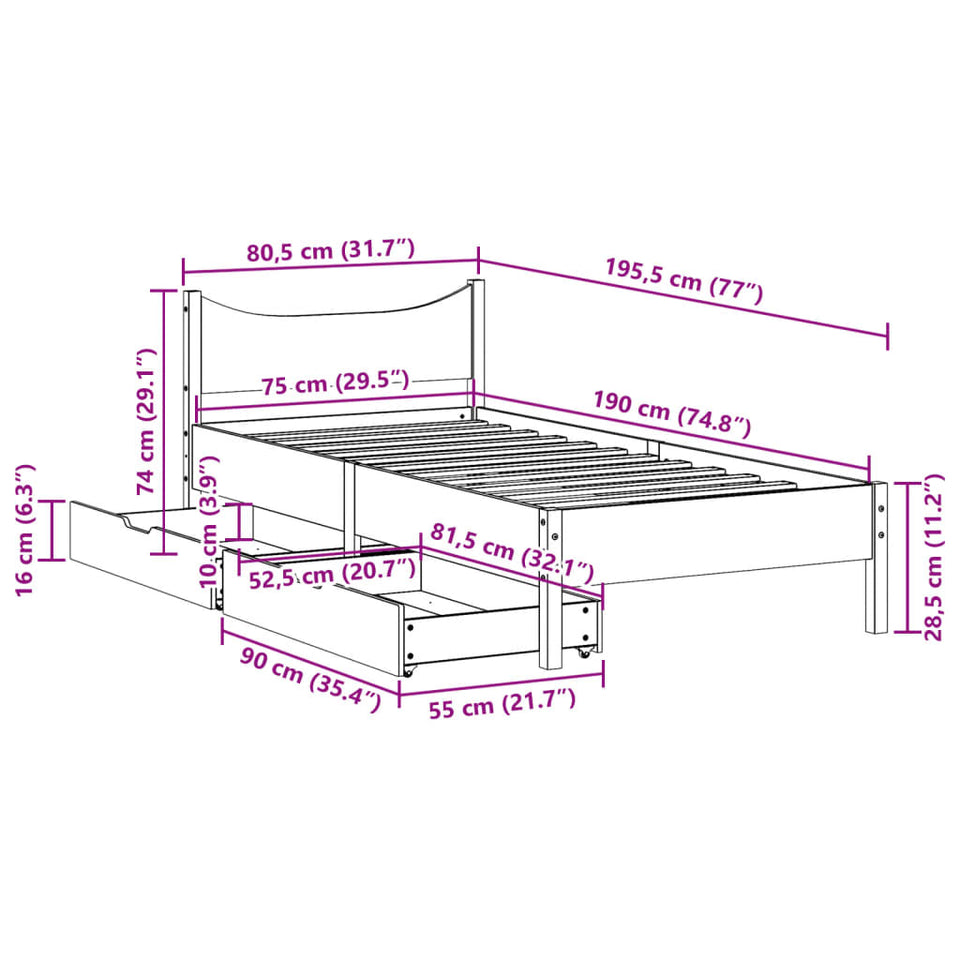 Bed Frame with Drawers Wax Brown 75x190 cm Small Single Solid Wood Pine