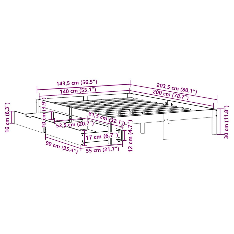 Bed Frame with Drawers without Mattress Wax Brown 140x200 cm