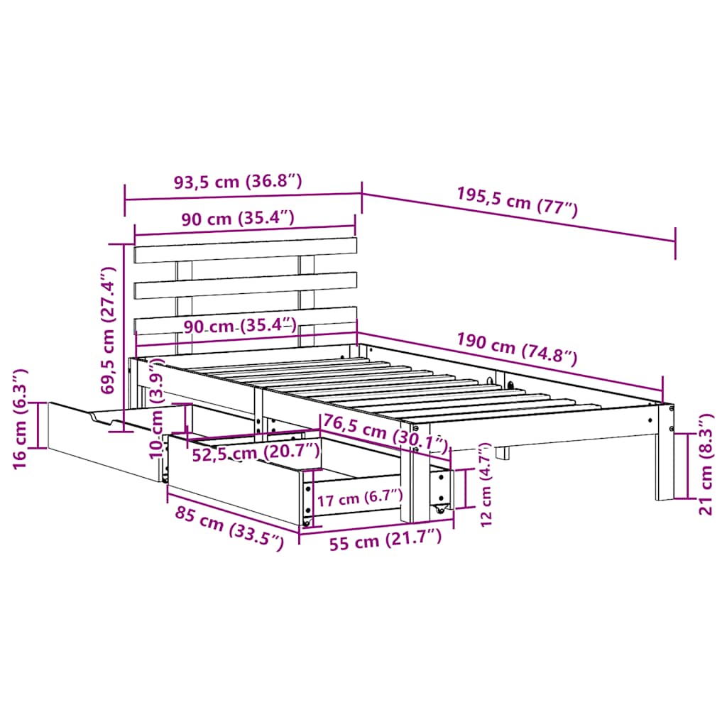 Bed Frame with Drawers without Mattress White90x190 cm Single