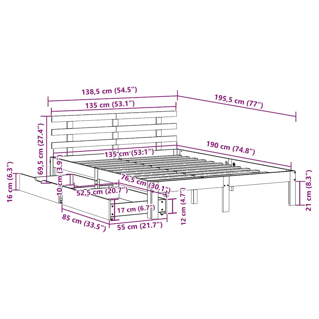 Bed Frame with Drawers without Mattress White 135x190 cm Double