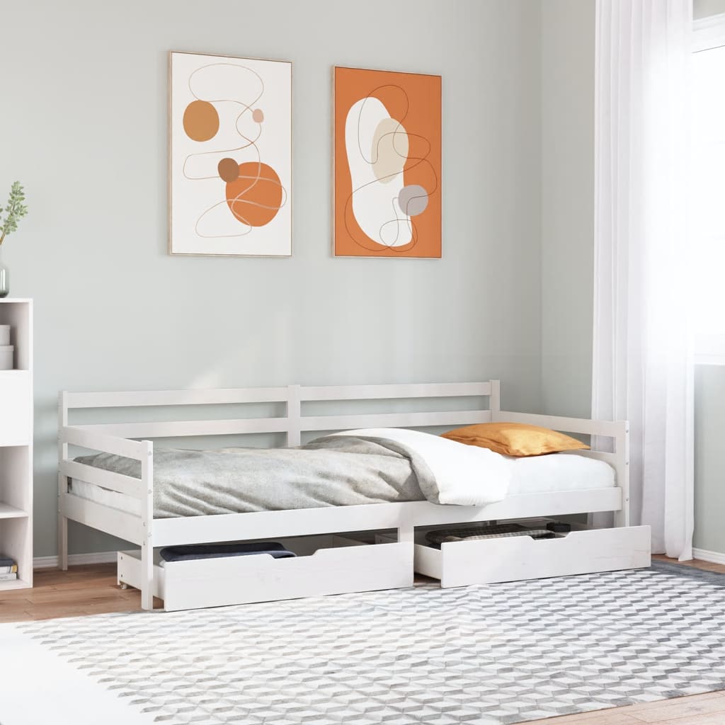 Daybed with Drawers without Mattress White 90x190 cm Single Solid Wood